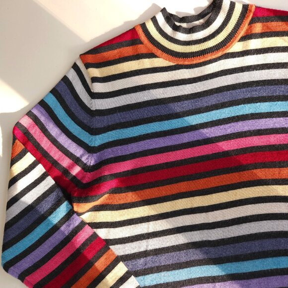 Vintage wool multicolor stripe mock neck fine knit sweater top long sleeve women - Picture 5 of 10